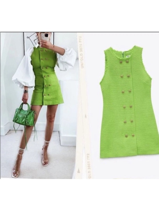 Zara Dresses & Skirts - Zara Weaved Tweed Green Sleeveless Gold Double-Button Mini Dress sz L